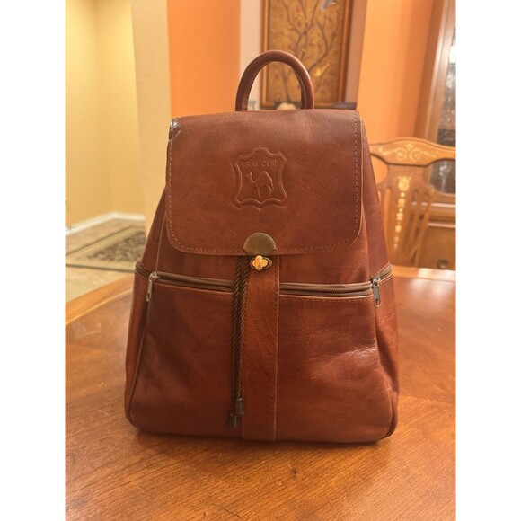 Vrai Cuir Large Brown Leather Backpack Drawstring Many Pockets 10” X 5 “ X 13” - Picture 9 of 16